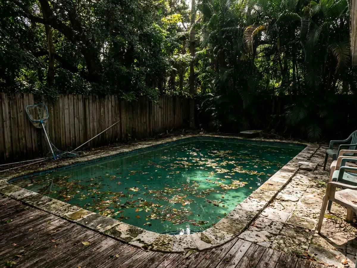 A small older pool in Coconut Grove closed in by dense tropical canopy, leaves across the water