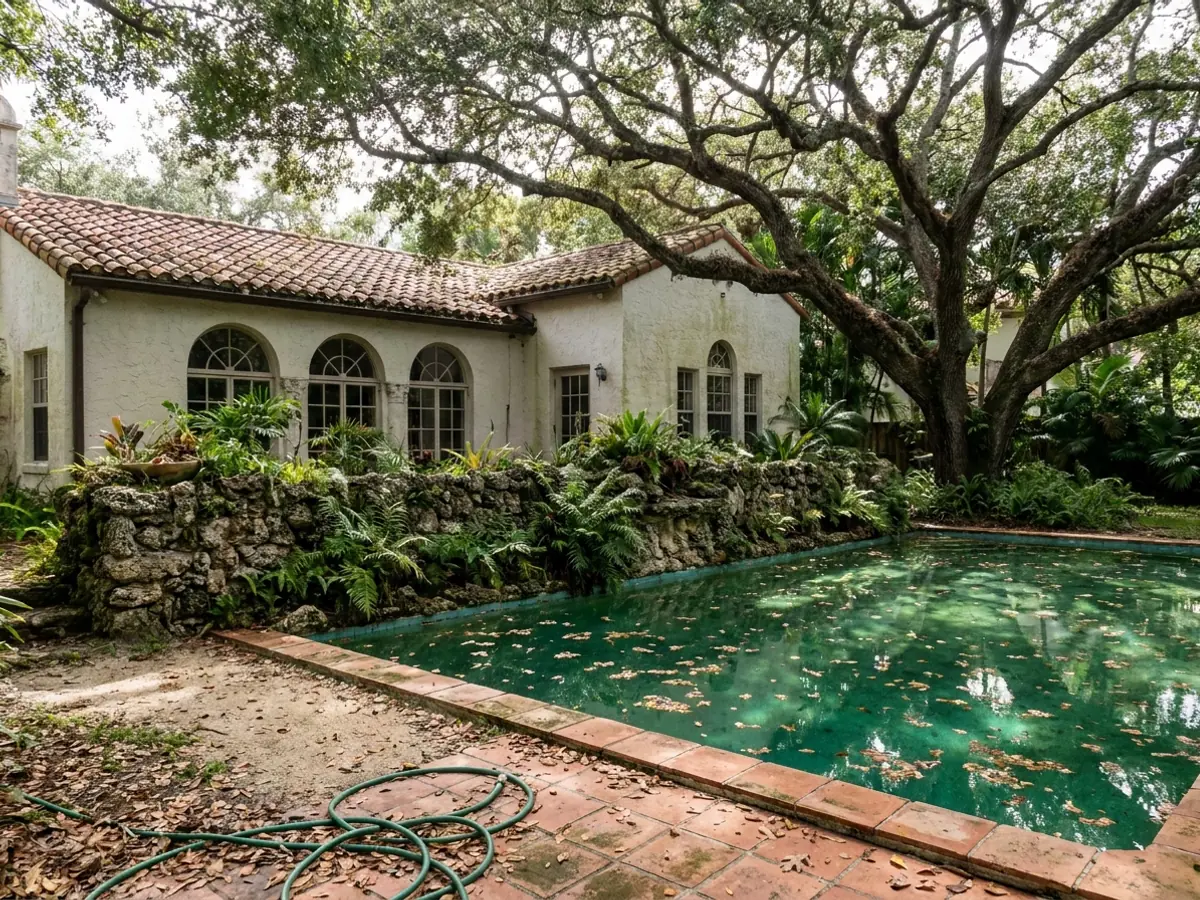 A pool behind a Mediterranean revival house in Coral Gables, shaded by a spreading live oak