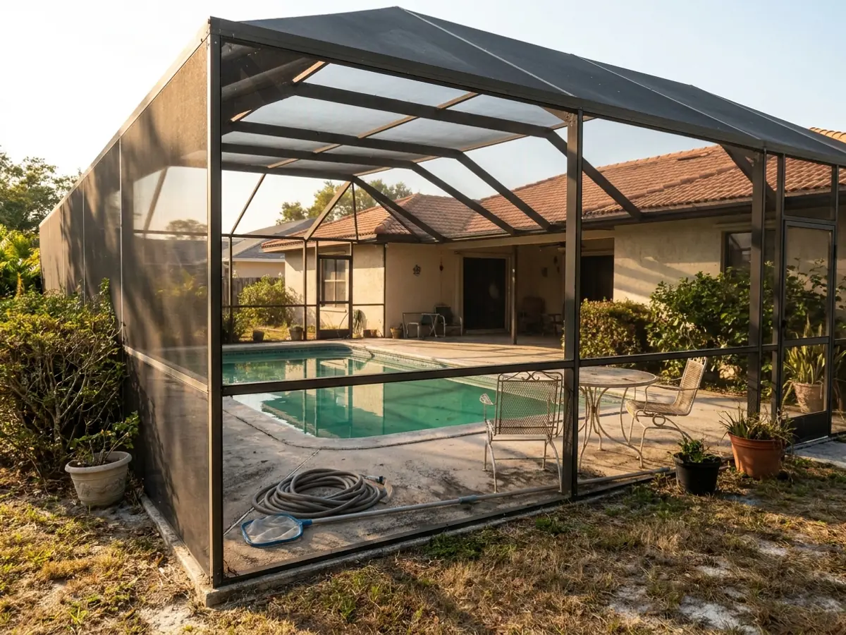 A pool under a large screen enclosure behind an eighties Kendall ranch house