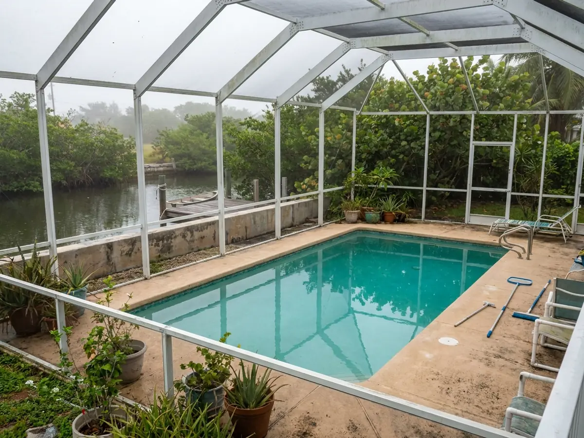 A screened pool enclosure in Palmetto Bay backing onto a canal and seawall