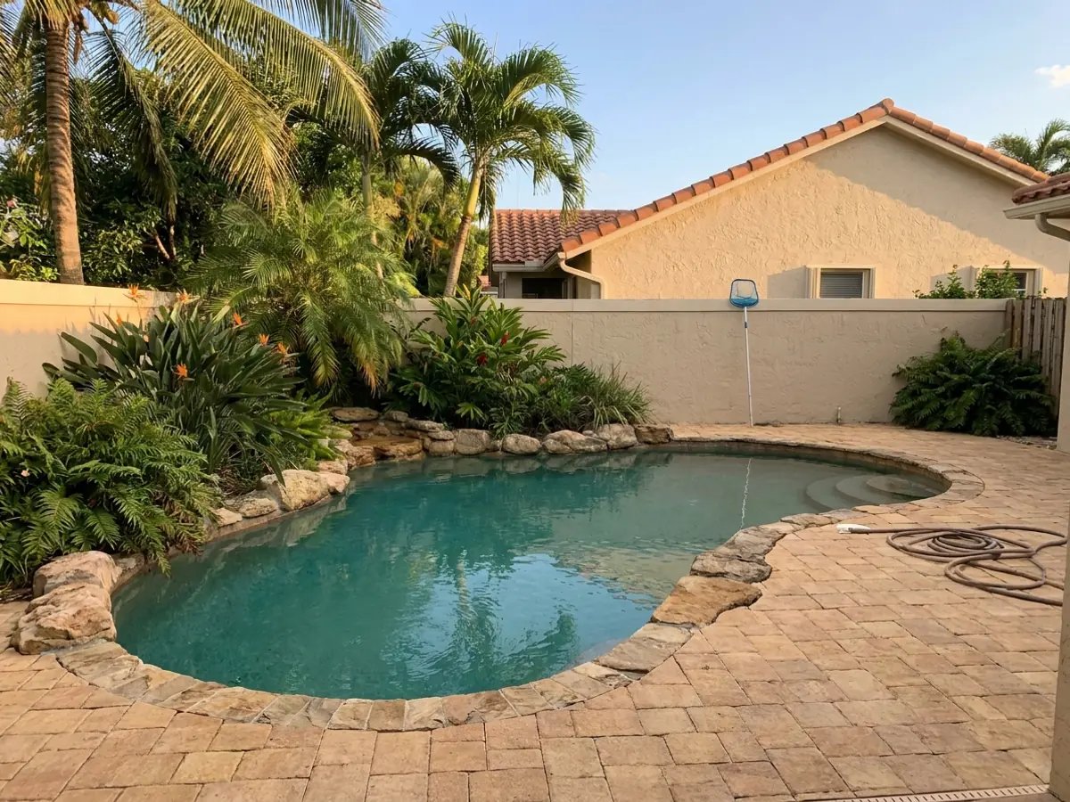 A kidney shaped backyard pool ringed by palm trees