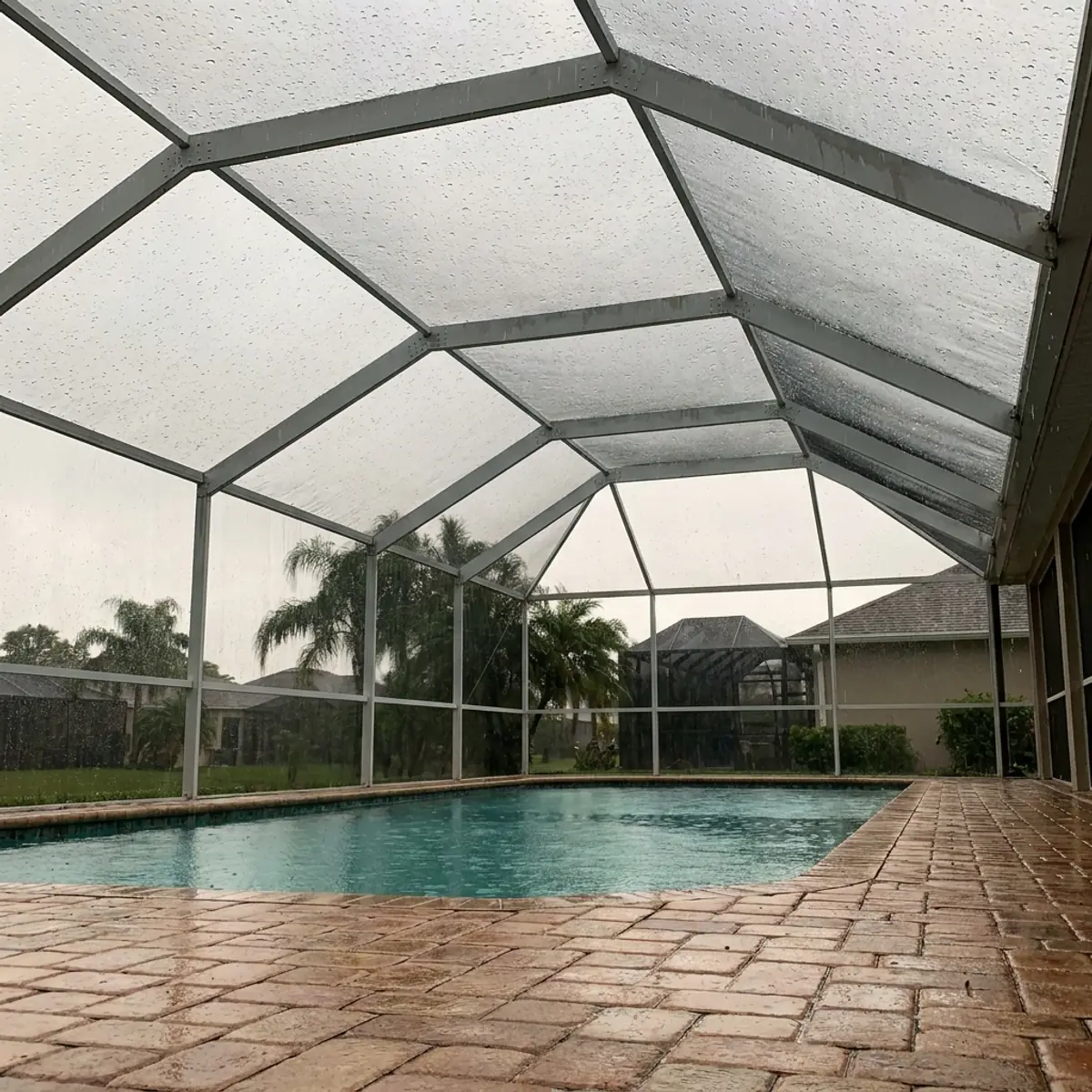 Rain falling on a screened pool enclosure in South Florida