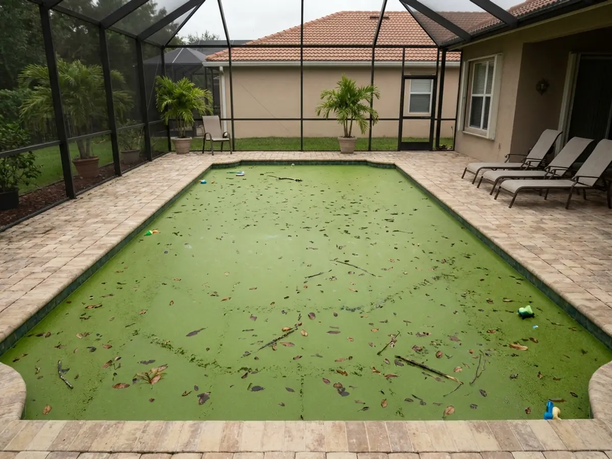 A screened backyard pool turned opaque algae green with leaves floating on the surface
