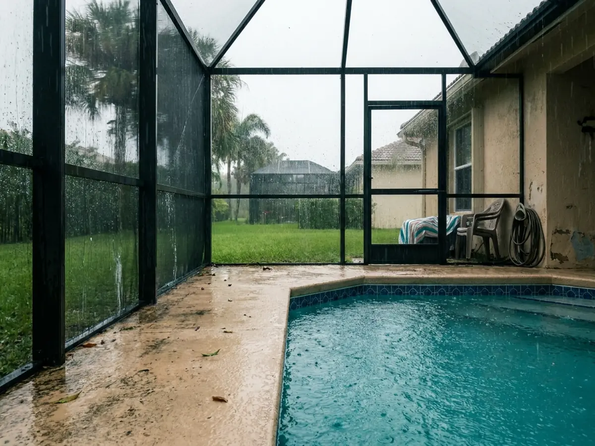 Rain pouring over a screened pool enclosure in South Florida on a summer afternoon