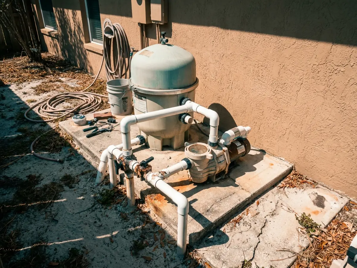Pressure gauges and a shutoff valve on pool equipment plumbing