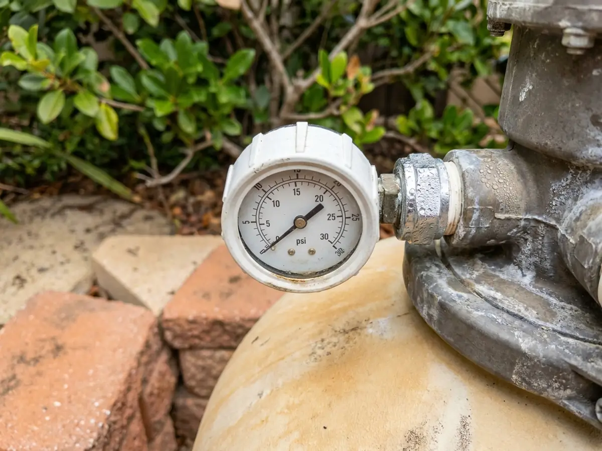 Close up of a pressure gauge on pool filter plumbing