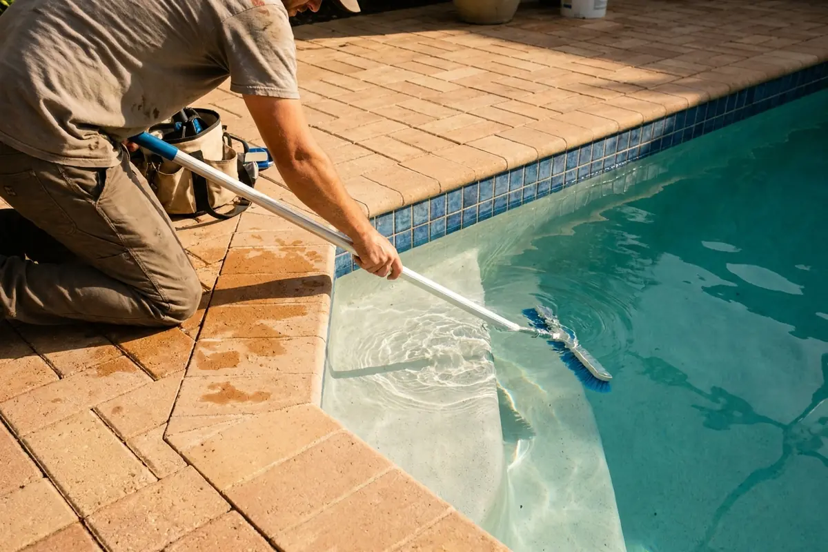 Pool technician working a pole across the surface of a pool at first light
