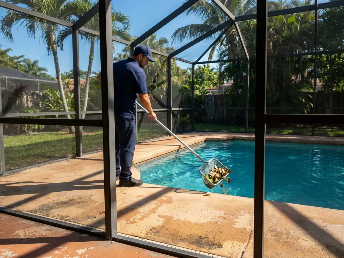Pool technician drawing a skimmer net across the surface of a pool